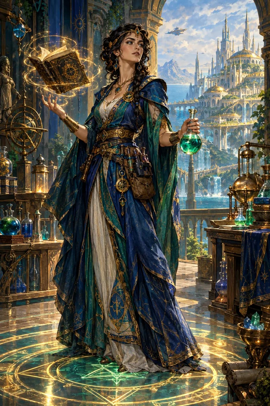 A woman in a laboratory tower holds a green potion beside a floating book, standing inside glowing alchemical circles on the floor.