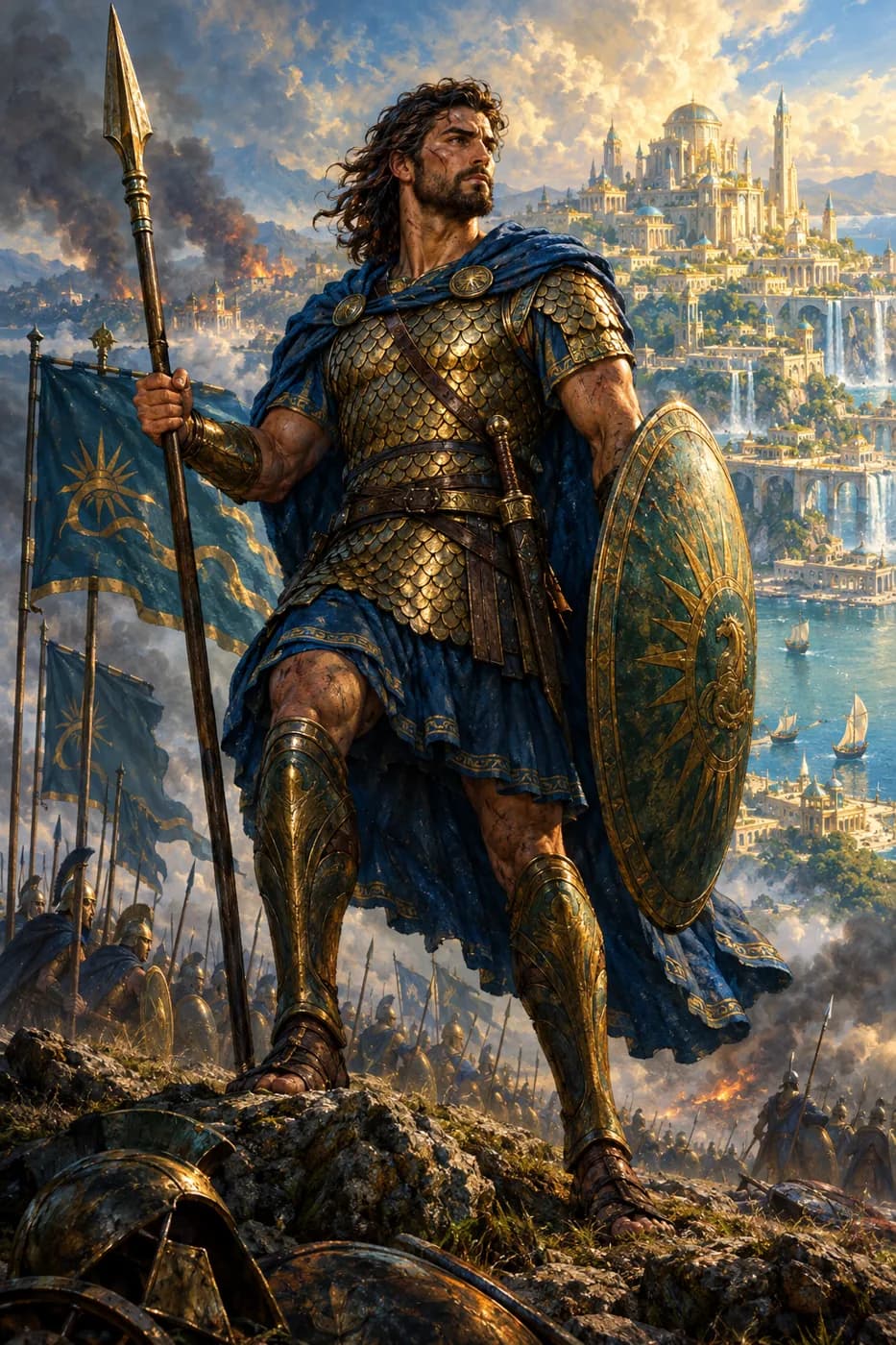 A bearded veteran in bronze scale armor holds a spear and round shield on a windswept battlefield, banners and smoke behind him.