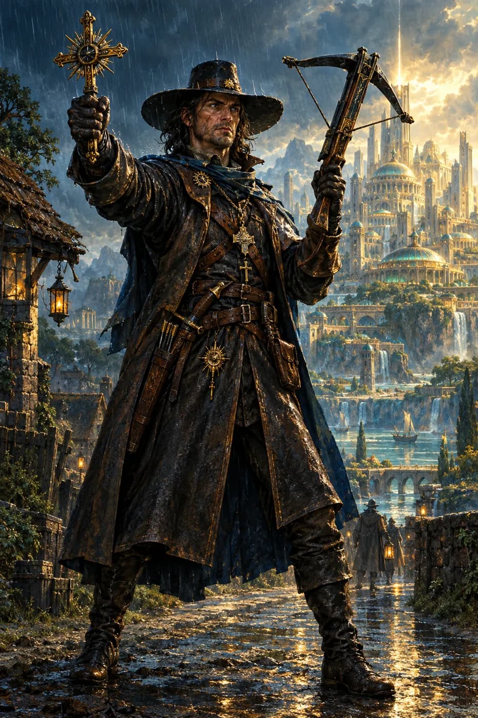 A grim witch hunter in a wide-brimmed hat and long coat raises a holy symbol and a crossbow on a rain-soaked village road.