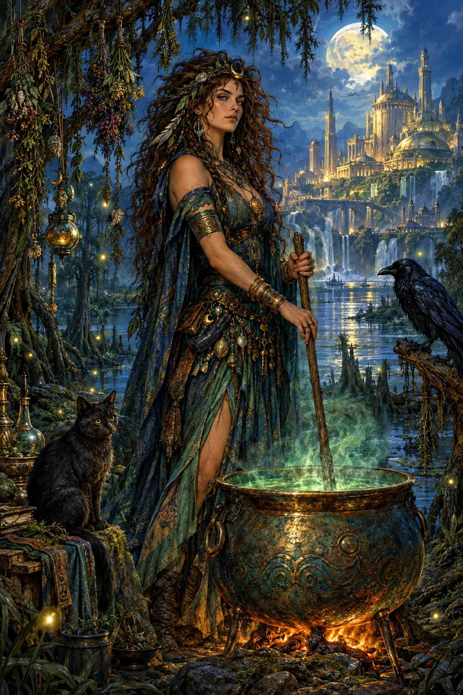 A wild-haired witch stirs a glowing green cauldron in a moonlit swamp, a black cat and a raven beside her among fireflies.