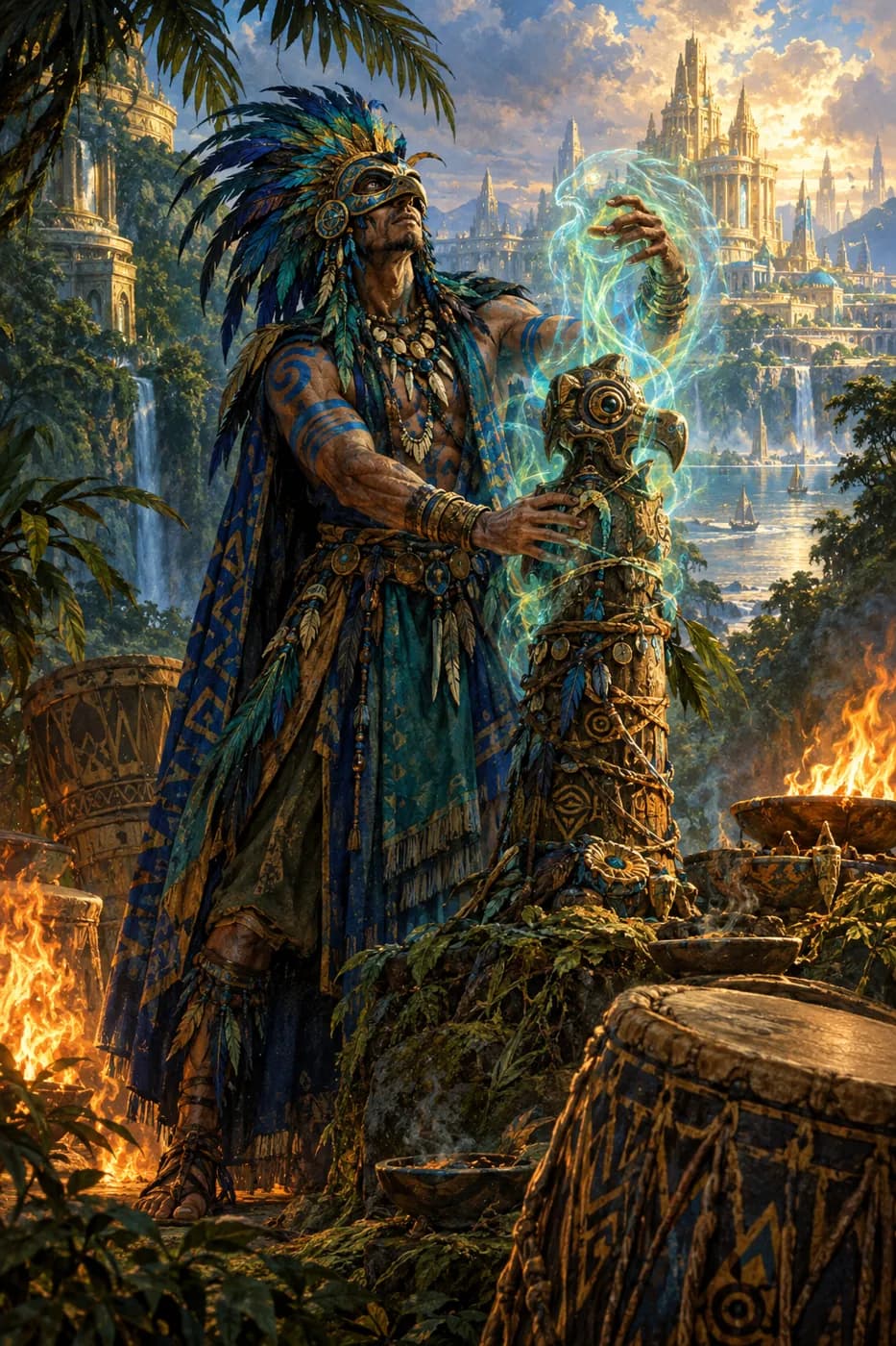 A painted witchdoctor in a feathered mask binds a green spirit into a carved fetish in a jungle clearing by drums and fire.