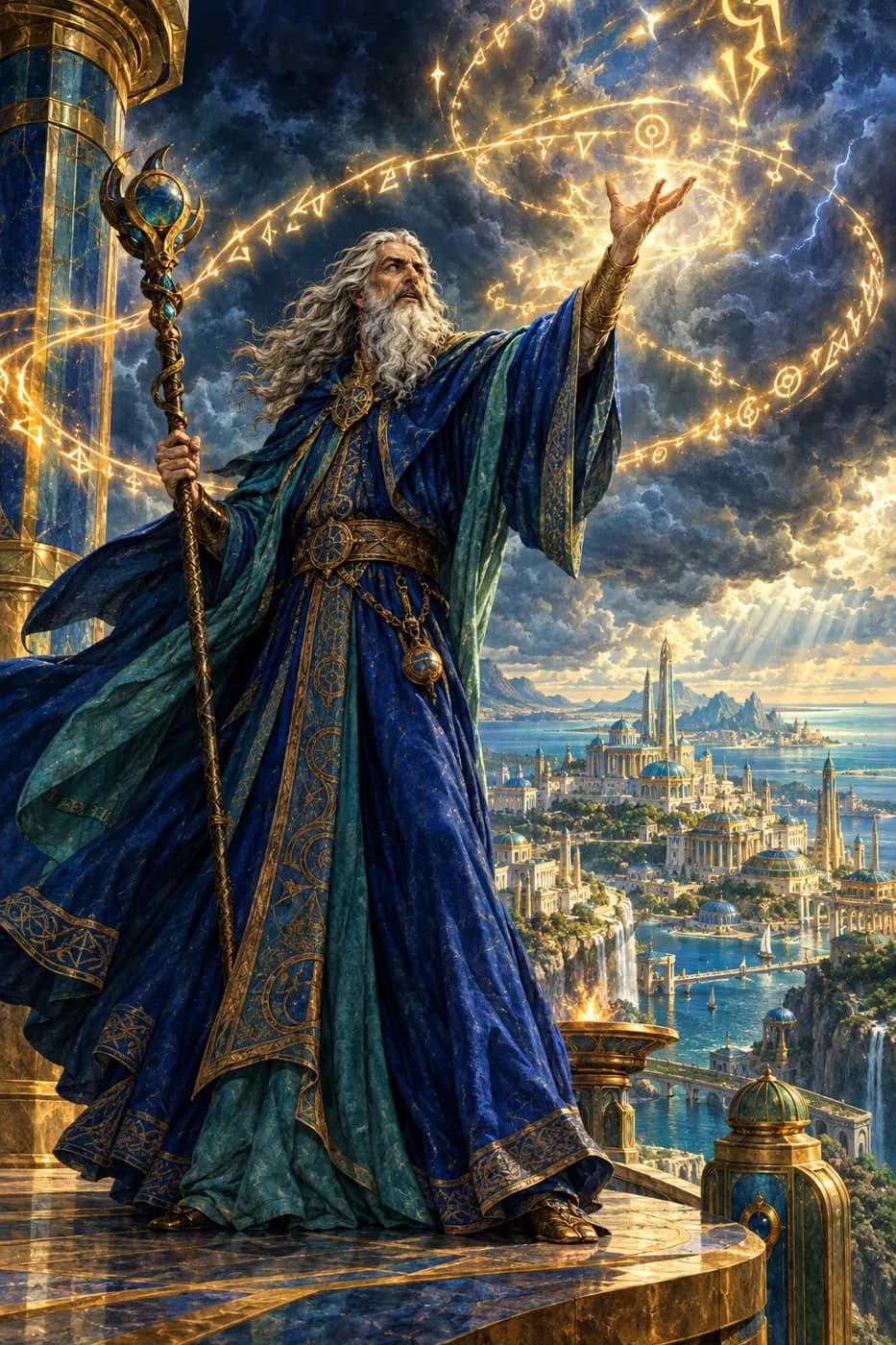 An ancient white-bearded wizard with a staff stands atop a tower, blazing golden runes circling him beneath swirling storm clouds.