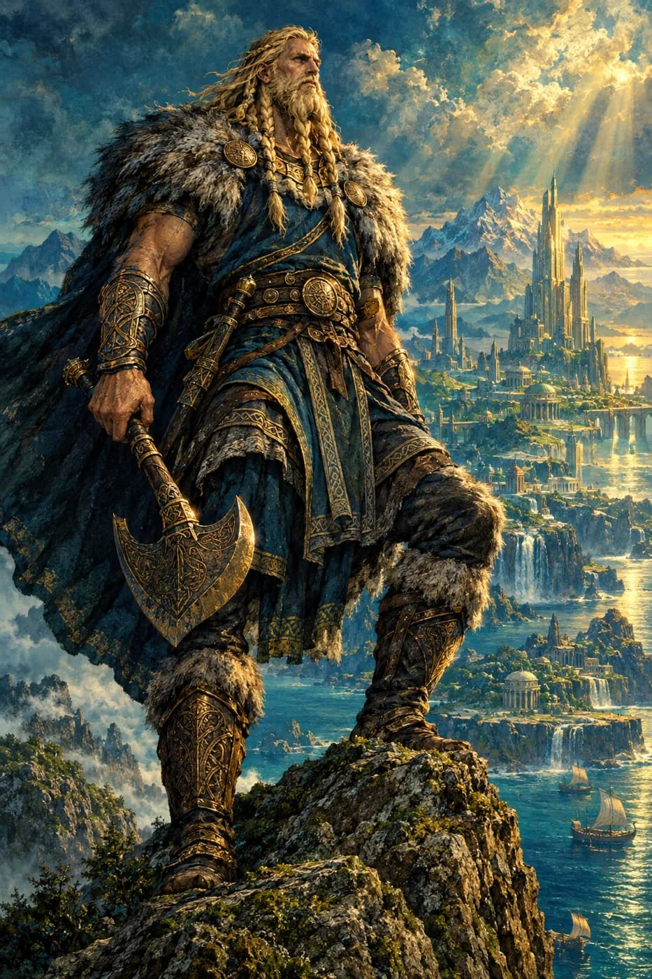 A towering blond Aesir warrior with a braided beard, fur mantle, bronze bracers and an axe stands on a crag above the sea.