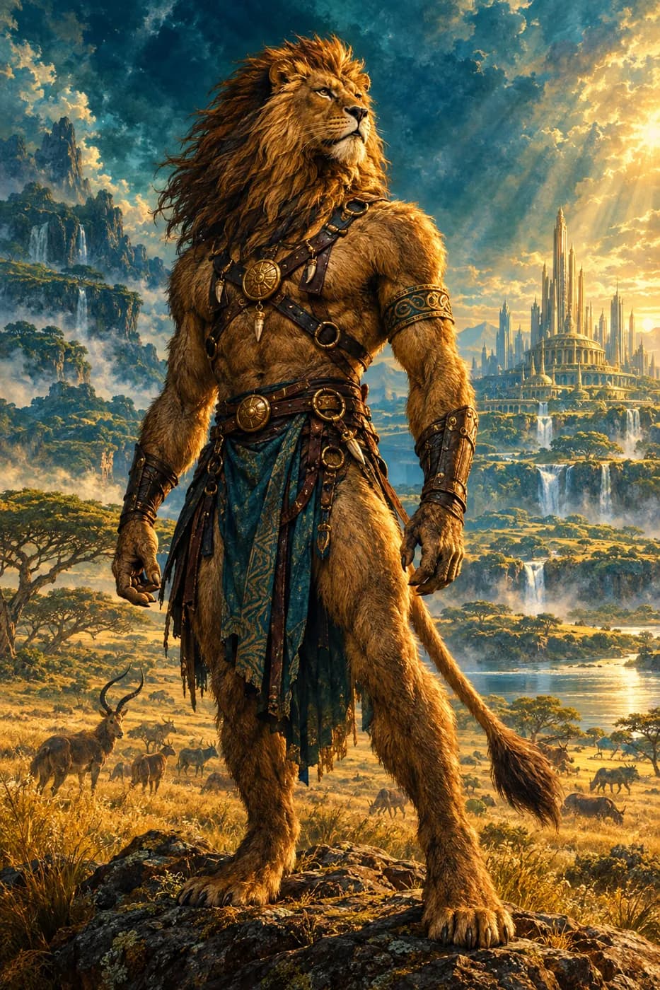 An Andaman lion-man with a full mane and a leather harness stands proudly on a golden savannah, antelope grazing behind him.