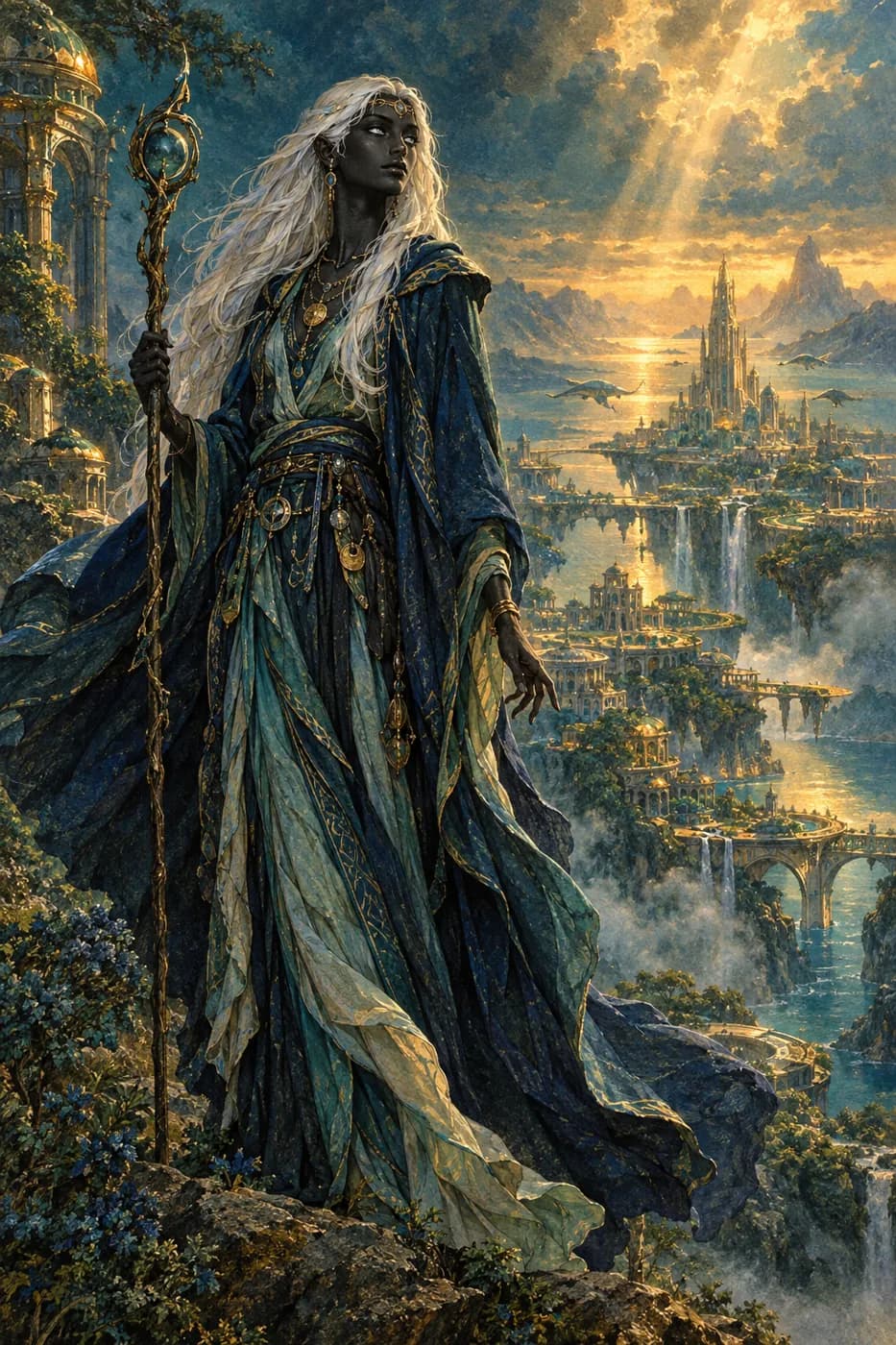 A Druas mystic with black skin, long white hair and pale gray eyes stands in flowing blue robes holding a tall staff at sunset.