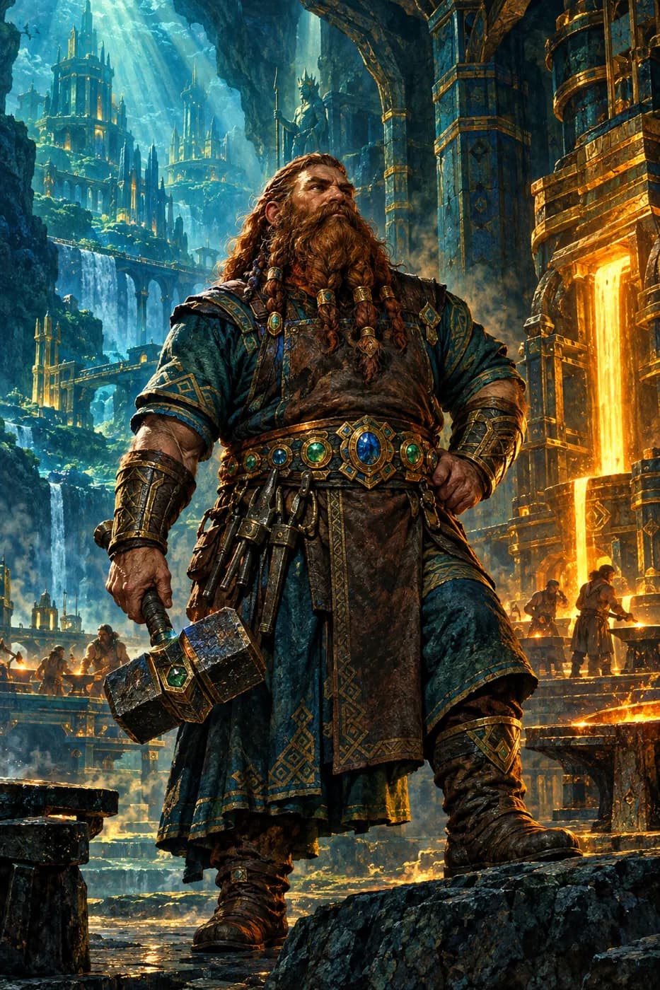 A red-bearded dwarf smith with a gem-studded belt and war hammer stands in a mountain forge hall lit by streams of molten metal.