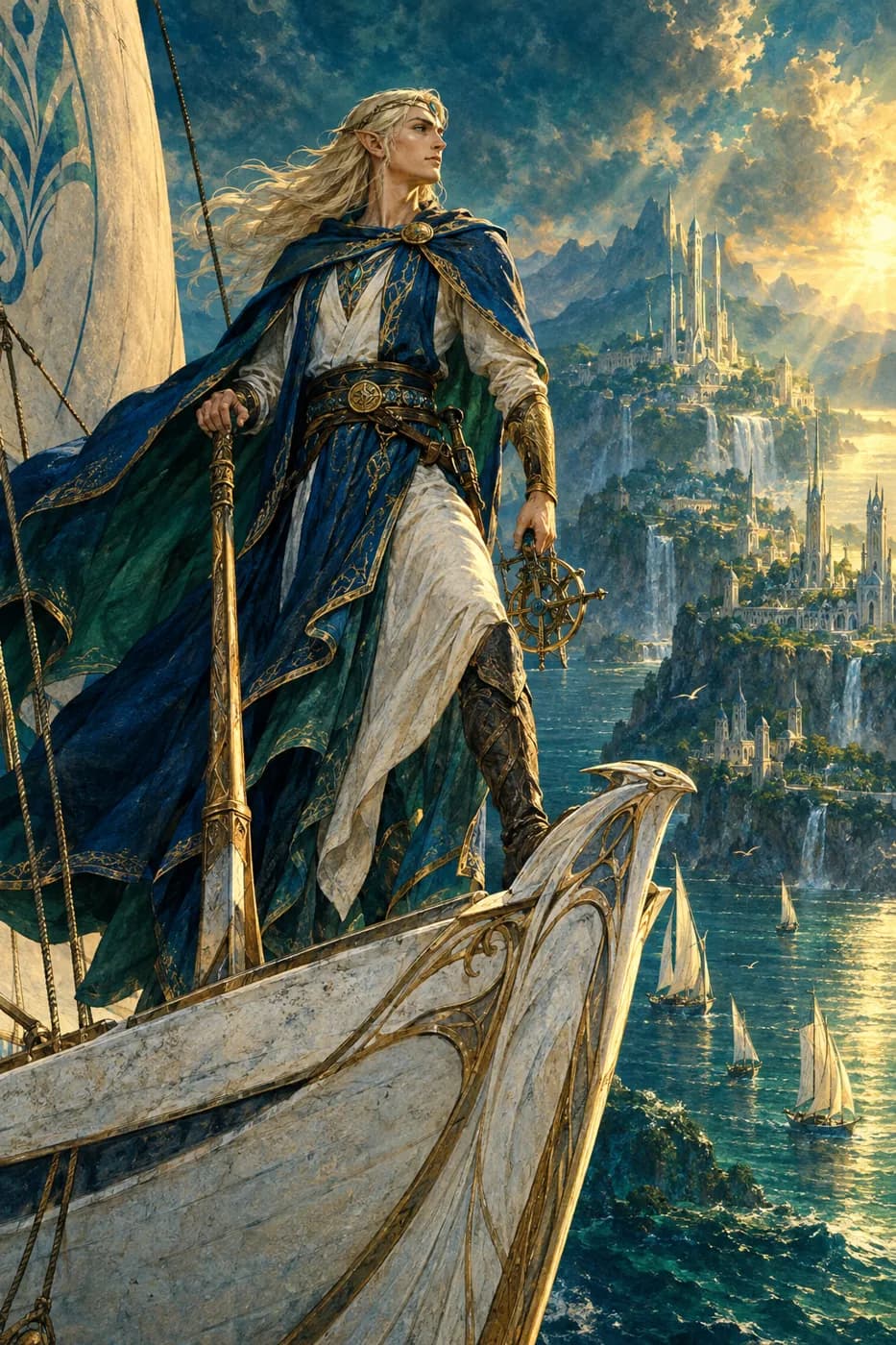 A blond high elf navigator in a flowing blue cloak stands at the carved prow of a white ship sailing past cliffside spires.