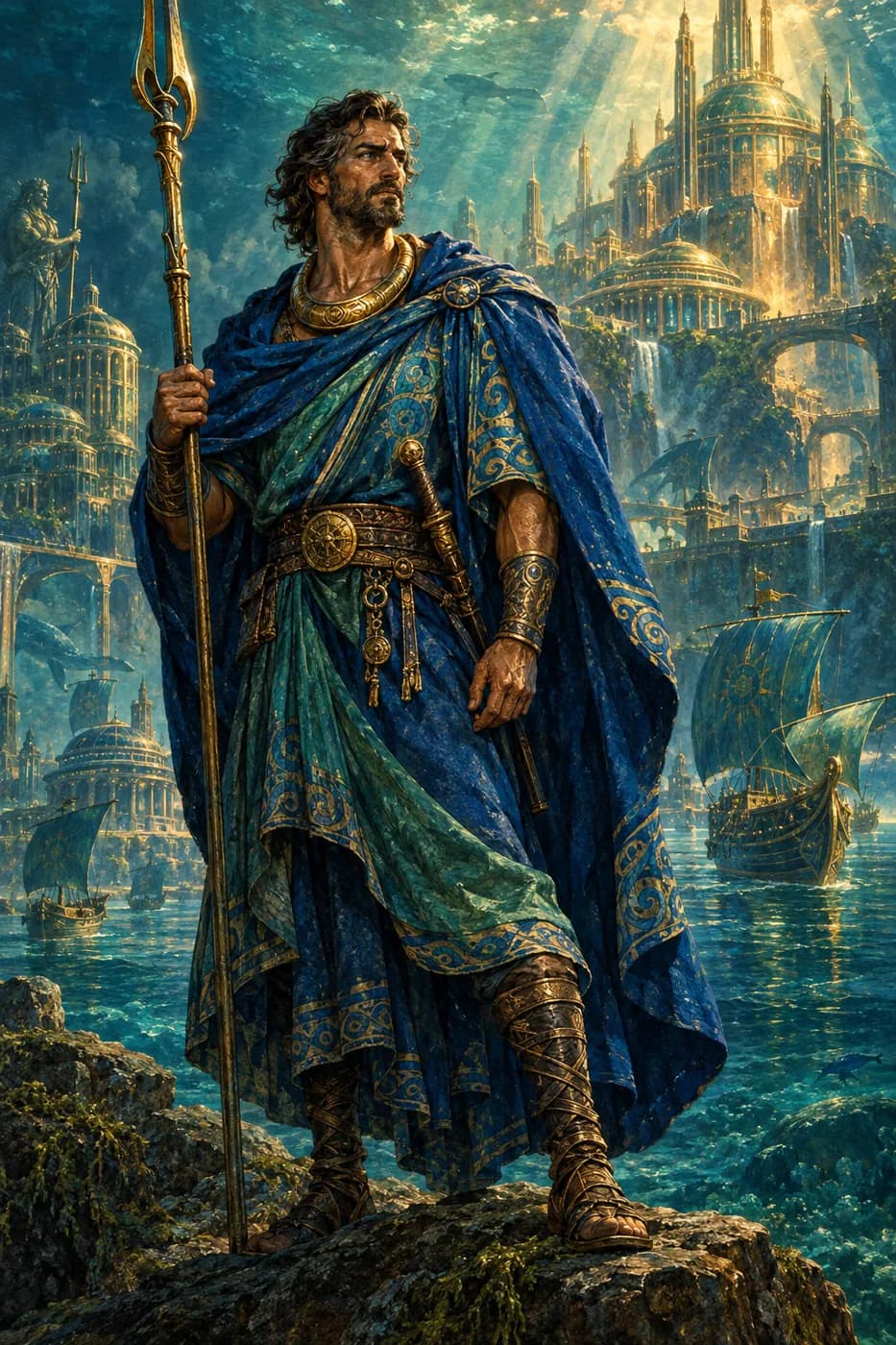 A weathered Atlantean mariner-noble in a sea-blue cloak and gold torc holds a spear on a rocky shore above a harbor city.