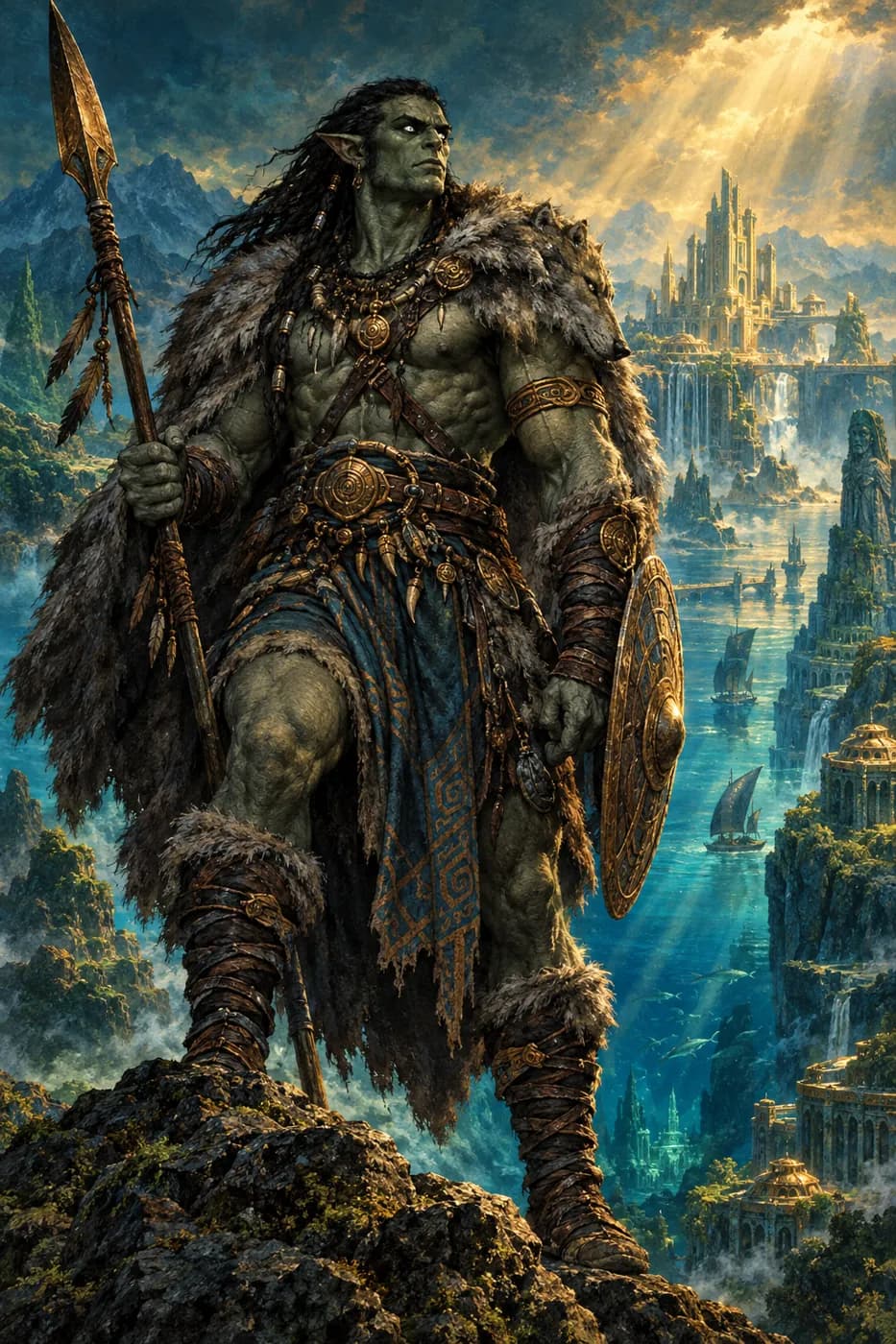 A muscular gray-green Netherman with pointed ears, a wolf-fur mantle, spear and shield stands on a rock above a distant city.