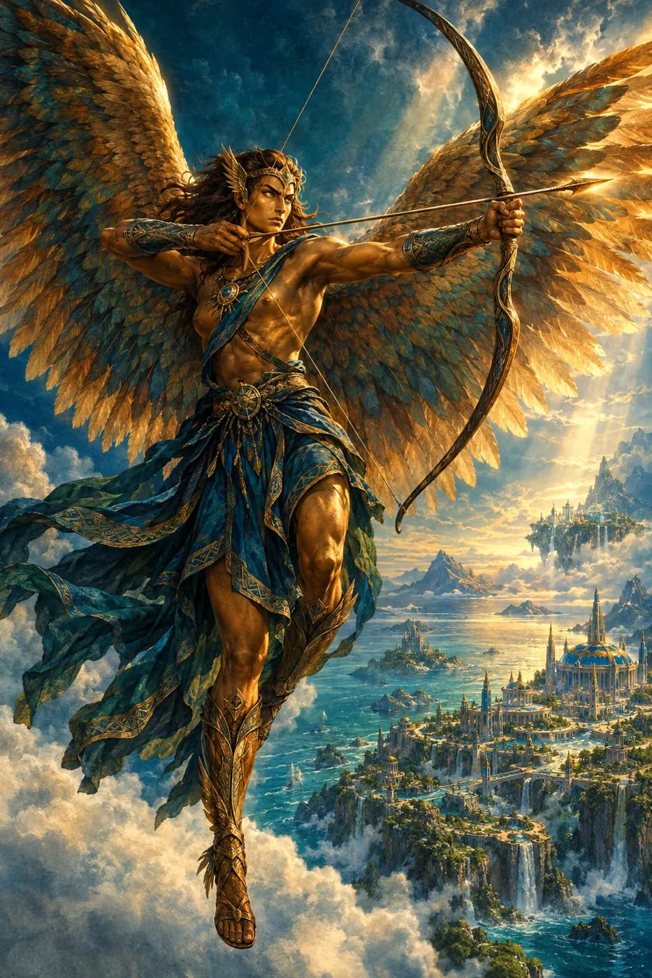 A golden-skinned Zephyr with vast feathered wings draws a bow high above the clouds, floating islands and cities far below.