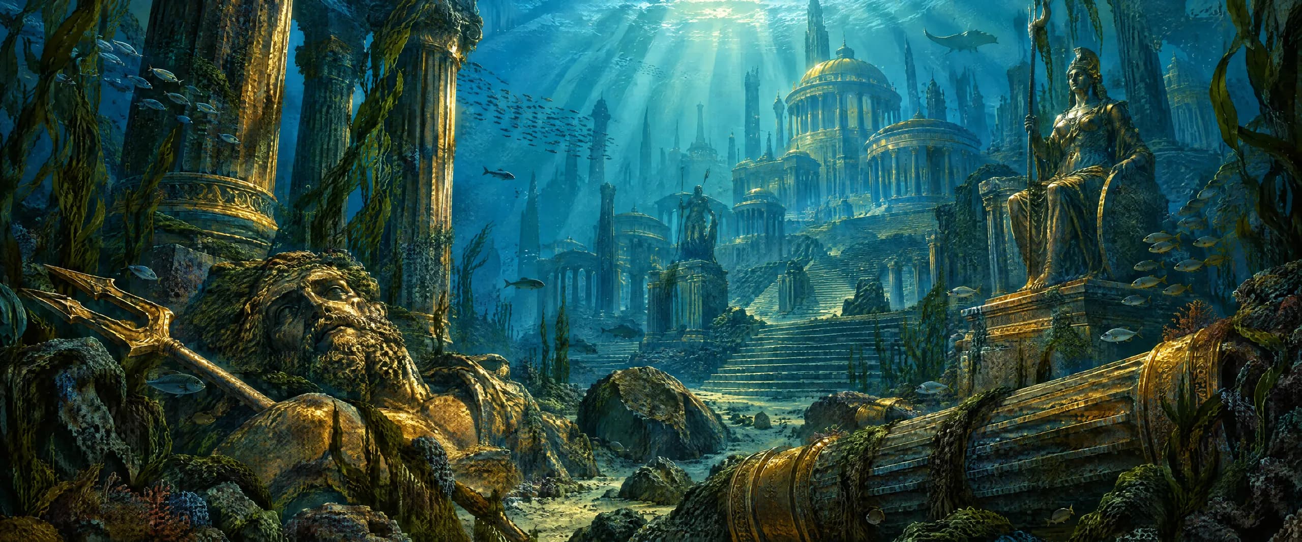 Toppled columns, a fallen statue with a trident and golden temple stairs lie on the seabed as light shafts and fish drift above.
